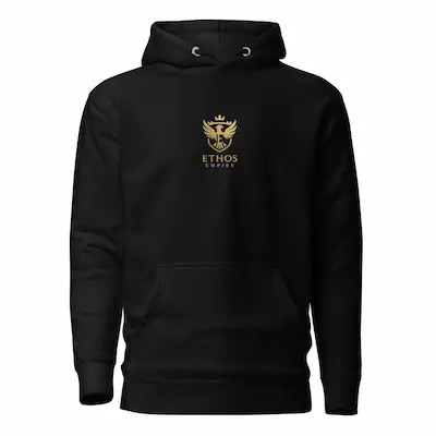 Ethos Empire black hoodie with gold logo minimalist streetwear