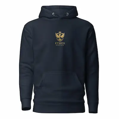 Ethos Empire navy hoodie with gold logo minimalist streetwear