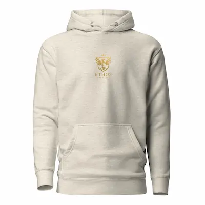 Ethos Empire oatmeal hoodie with gold logo minimalist streetwear