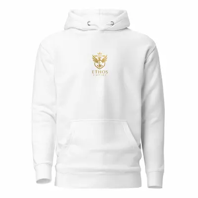 Ethos Empire white hoodie with gold logo minimalist streetwear